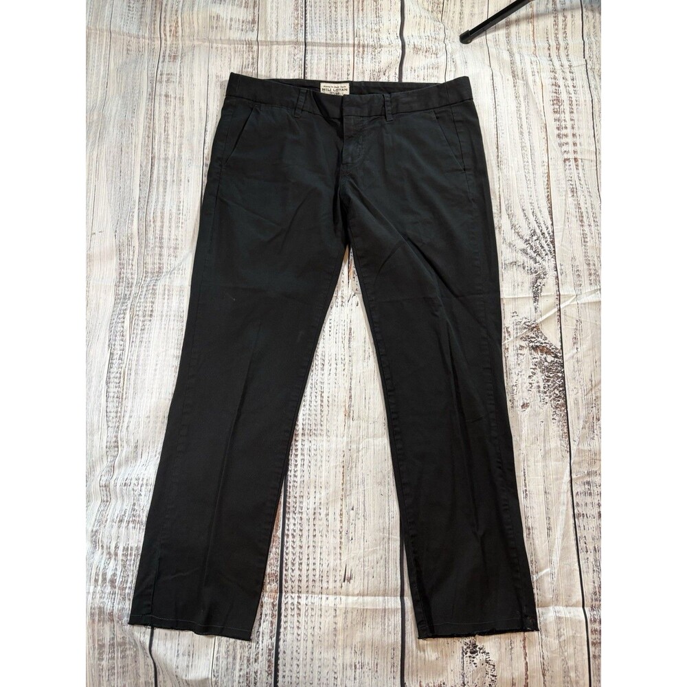Nili Lotan Montauk Pants Size 4 Black Chino Raw Hem Cotton Stretch Crop